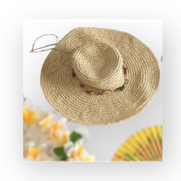 new Maurices ❃ Floppy Woven Raffia Straw Wide Brim Sun Hat ❃ Colorful Boho Beads - Picture 3 of 16